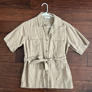 Oak + Fort Taupe Linen-Cotton Blend Belted Utility Short-Sleeve Shirt - Size XS